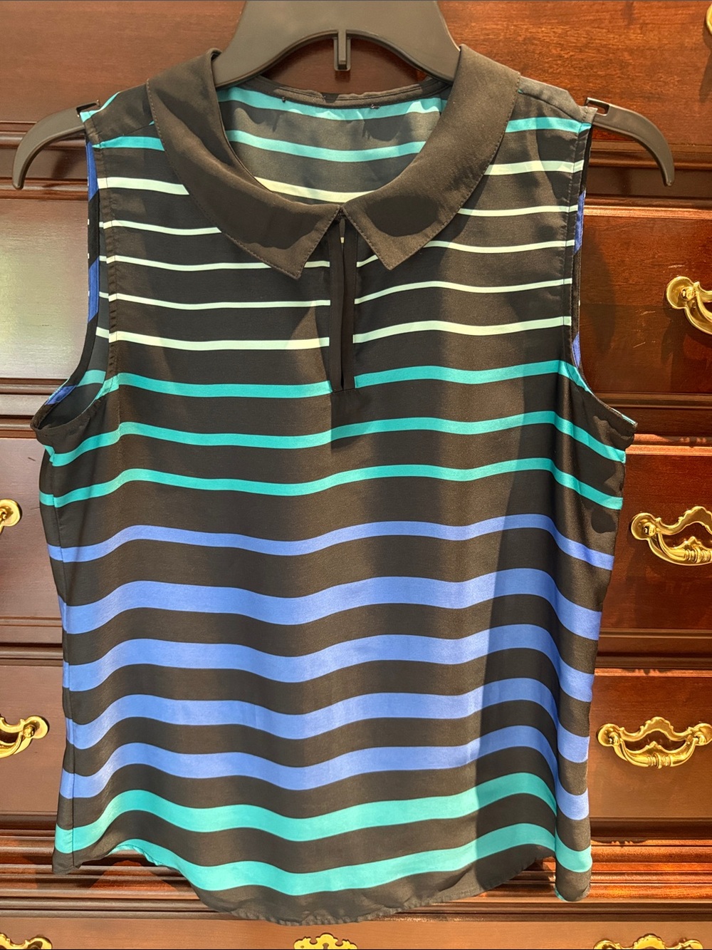 Sleeveless Striped Collared Blouse - Black & Teal/Blue